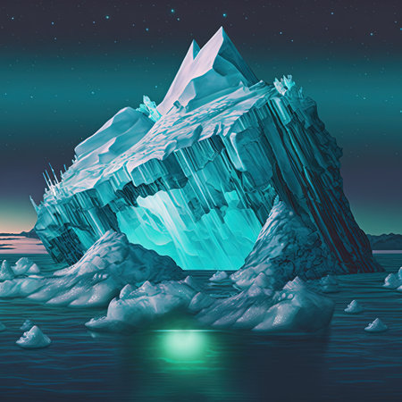 Upper and lower part of blue and purple iceberg in ocean design. Cool poster with neon iceberg. Pop art style in pastel and neon vivid colors. Generative AI. Not based on any actual sceneの写真素材