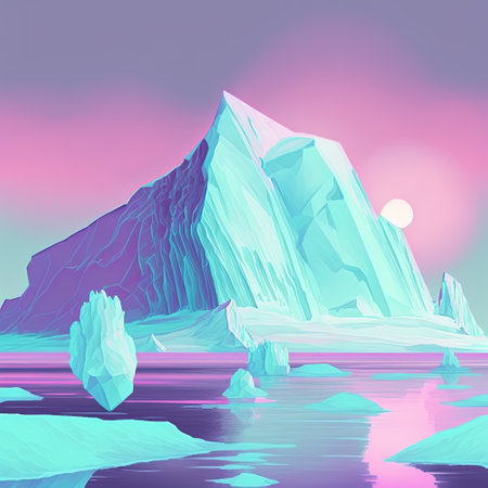 Upper and lower part of blue and purple iceberg in ocean design. Cool poster with neon iceberg. Pop art style in pastel and neon vivid colors. Generative AI. Not based on any actual sceneの写真素材