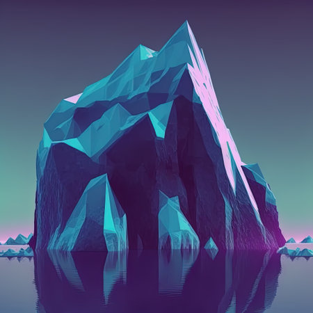 Upper and lower part of blue and purple iceberg in ocean design. Cool poster with neon iceberg. Pop art style in pastel and neon vivid colors. Generative AI. Not based on any actual sceneの写真素材