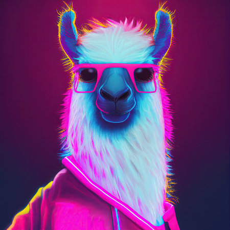 Young cool party llama in pink sunglasses. Pop art style in purple neon colors. Generative AI. Not based on any actual sceneの写真素材