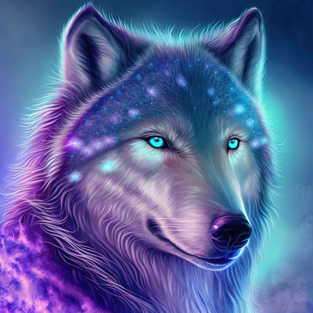 Iridescent psychedelic wolf in neon colors. Spirit animal portrait. Generative AI. Not based on any...