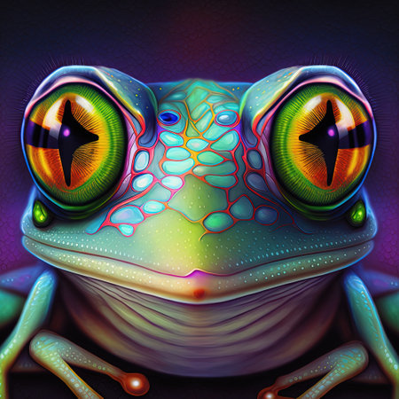 Iridescent psychedelic frog in neon colors. Spirit animal portrait. Generative AI. Not based on any...