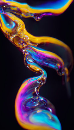 Abstract colorful liquid design with drops and bubbles. Close up with neon light. Dynamic...