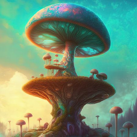 Bioluminescent mushrooms in psychedelic forest. Glowing magic dmt mushrooms concept. Mycelium microorganism in acid wave dreamy wonderland. Generative AI. Not based on any actual sceneの写真素材