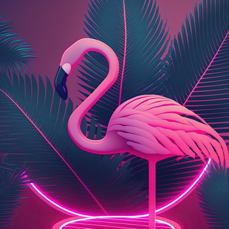 Music party poster with flamingo and tropical palms design. Pop art style in neon pink colors. Generative AI. Not based on any actual sceneの写真素材