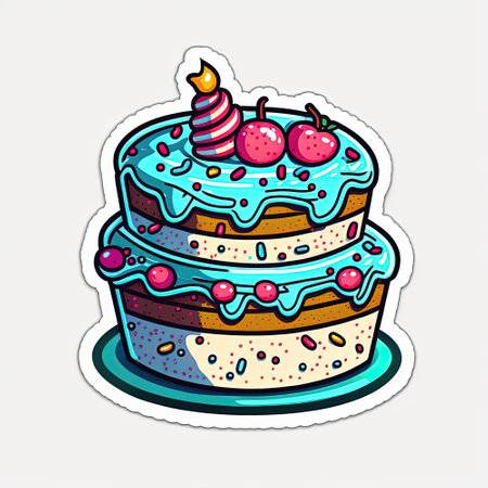 Birthday cake with blue frosting and glaze icing, one candle and cherry top. Outline sticker, cartoon style with contour on white background for greeting card, patches, print for clothes, badgeの写真素材