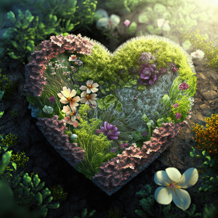 Green botanical heart made of flowers, leaves and plants on grass. Spring, summer, love nature concept AIの写真素材