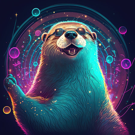Cool colorful dancing otter. Pop art style in neon colors. Generative AIの写真素材