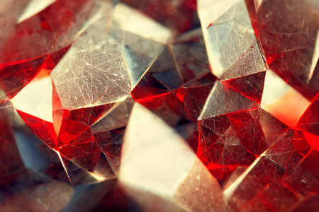 Abstract red magic crystal and rock geometric luxury design. Gem close up with shining light. Dynamic fluorescent wallpaper. AIの写真素材