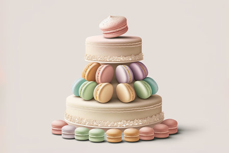 Festive macaron birthday cake with icing and decorations. Creative dessert concept. Ai generative