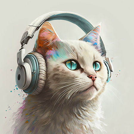 White cat in headphones listening music.Music, podcast concept. Generative AIの写真素材