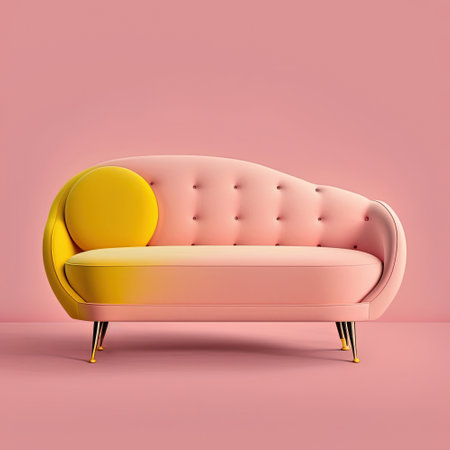 Mid century pink fabric accent sofa with chromium legs. Fabric upholstery couch on pink background. Mid-century, loft, Scandinavian interior. Retro stylized modern furnitureの写真素材
