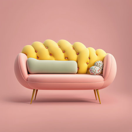 Mid century pink fabric accent sofa with chromium legs. Fabric upholstery couch on pink background. Mid-century, loft, Scandinavian interior. Retro stylized modern furnitureの写真素材
