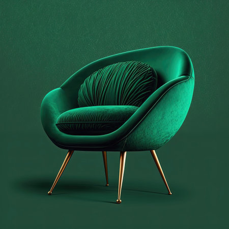 Mid century green fabric accent chair with chromium legs. Fabric upholstery chair on green background. Mid-century interior, monochrome trend. Retro stylized modern furnitureの写真素材