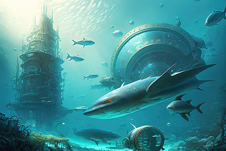Fantasy underwater seascape with majestic architecture. Temple in futuristic city, lost...