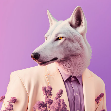 Cool fashion wolf in stylish suit. Purple violet color monochrome portrait. Pop art modern style and...
