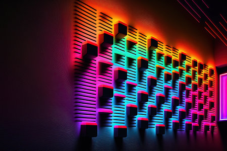 Wall with colorful neon led light futuristic shapes on dark background. Abstract background with...