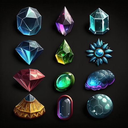 Fantasy jewelry gems. Crystal stone icons on black background, magic gemstones, achievement fairytale treasure. Jewelry and gem icon collection for game. AIの写真素材