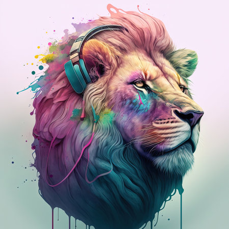 Party lion in headphones listening music on white background. Pop art style with paint splashes in neon colors. Generative AIの写真素材