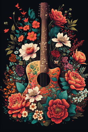 Country music festival poster with acoustic guitar and flowers on black background. Floral illustration with red roses for music event. AIの写真素材