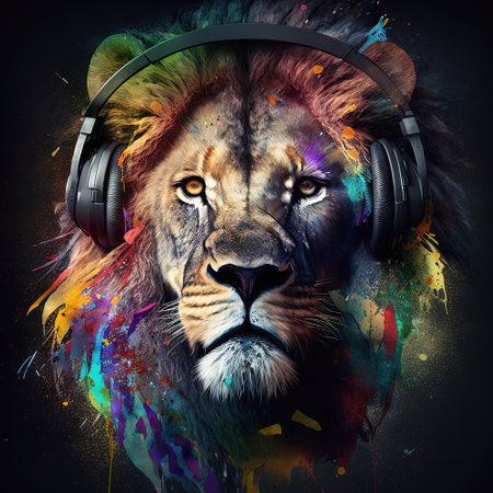 Party lion in headphones listening music on black background. Pop art style with paint splashes in neon colors. Generative AIの写真素材