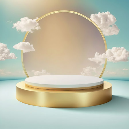 Product display podium with geometric platform, gold ball on white background. Stage showcase for beauty product on pedestal, white podium. Modern abstract background. 3Dの写真素材