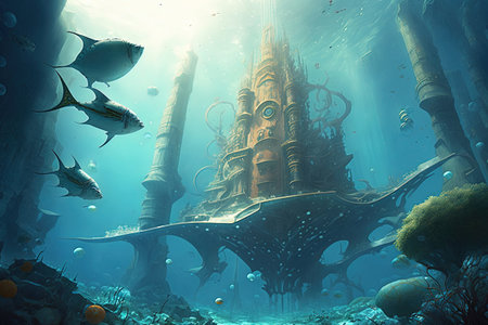 Fantasy underwater seascape with majestic architecture. Temple in futuristic city, lost civilization. Generative AIの写真素材