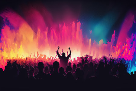 Silhouette of people raise hand up in concert or music festival, crowd of fans, rock concert, night...