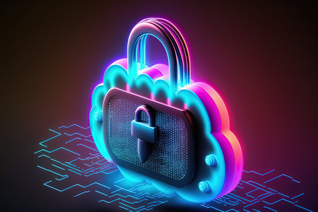 Neon cloud with locked padlock on dark background. Concept of data protection technology, security and confidentiality. Safety, encryption, privacy, digital cybersecurity. AIの写真素材