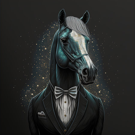 Cool fashion horse in stylish suit and bow tie. Pop art futuristic style in neon colors, lifestyle concept. Generative AIの写真素材