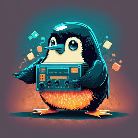 Cute small party penguin with boombox playing music. AIの写真素材