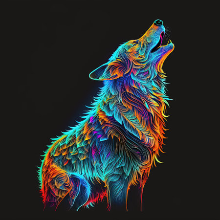 Iridescent psychedelic howling wolf in neon colors on black background. Spirit animal colorful...