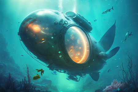 Fantasy futuristic submarine sails underwater. Generative AI