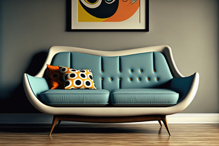 Mid century blue and white fabric accent sofa with chromium legs. Fabric upholstery couch on dark background. Mid-century interior with retro stylized modern furniture. AIの写真素材