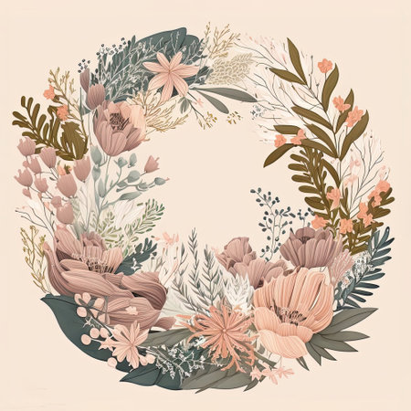 Wildflower wreath on pink background, design for cards. Vintage style, pale pink colorsの写真素材