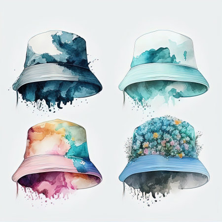Set of watercolor bucket hats in colorful design. Fashion trend from 90sの写真素材