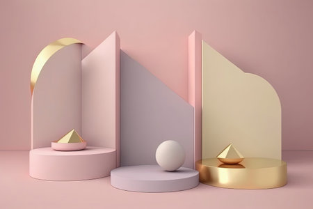 Product display podium with gold geometric shapes, podium and platform on pink background. Stage...