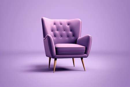 Mid century purple fabric accent armchair with chromium legs. Fabric upholstery chair on lavender background. Mid-century interior, monochrome trend. Retro stylized modern furnitureの写真素材