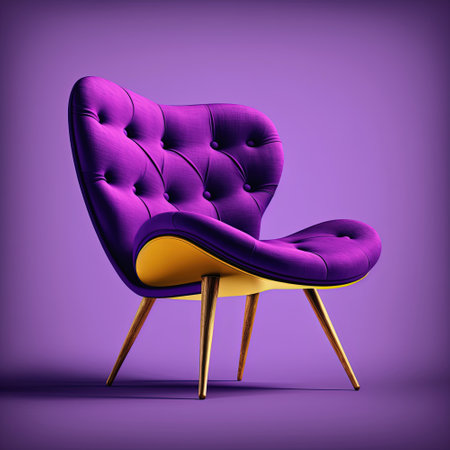 Mid century purple fabric accent chair with chromium legs. Fabric upholstery chair on plain background. Mid-century interior, monochrome trend. Retro stylized modern furnitureの写真素材