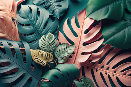 Abstract tropical palm leaf colorful background with pastel pale pink and green colors. Generative AIの写真素材