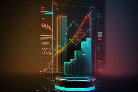 Trading business chart on dark colorful neon background. Financial stock market graph on technology abstract background. AIの写真素材