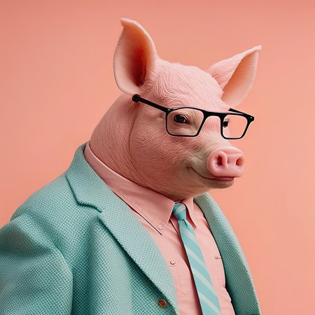 Fashion boar pig in suit and tie. Pink monochrome portrait. Pop art modern style and lifestyle concept. Contemporary art, creative idea. Generative AIの写真素材