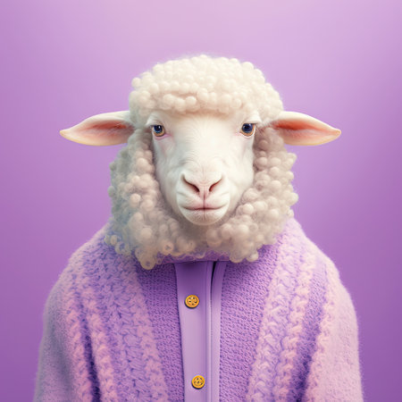 Fashion sheep in cardigan. Lavender pink background. Pop art modern style and lifestyle concept. Contemporary art, creative idea. Generative AIの写真素材