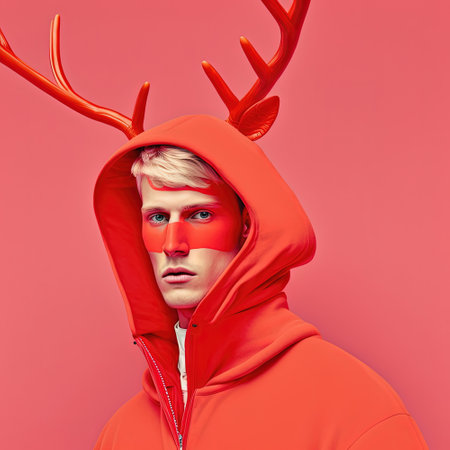 Fashion portrait. Young man wearing red high fashion clothing. Generative AIの写真素材