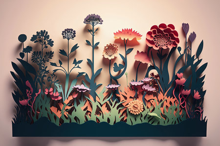 Paper cut spring floral background with blooming flowers. Creative spring design for cardsの写真素材