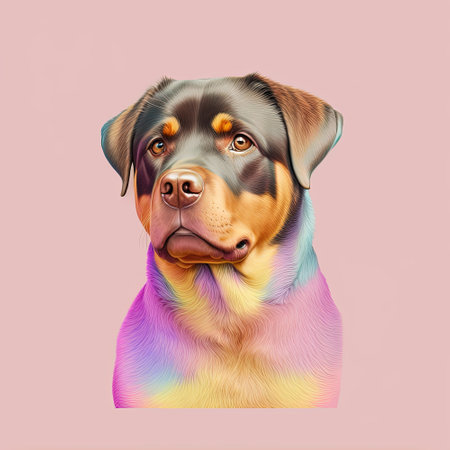 Rottweiler dog portrait, pink and yellow colors, copy space. Pop art modern style. Generative AIの写真素材