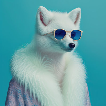Fashion arctic fox in sunglasses. Blue background. Pop art modern style and lifestyle concept. Contemporary art, creative idea. Generative AIの写真素材