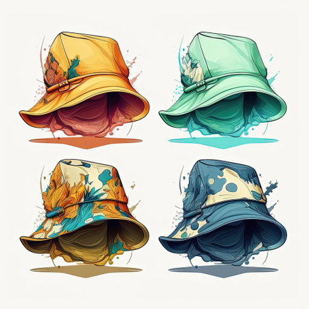 Set of watercolor bucket hats in colorful design. Fashion trend from 90sの写真素材