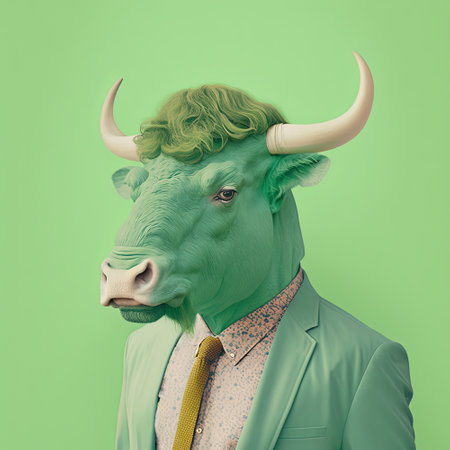 Fashion bull in stylish shirt and suit. Green monochrome portrait. Pop art modern style and lifestyle concept. Contemporary art, creative idea. Generative AIの写真素材