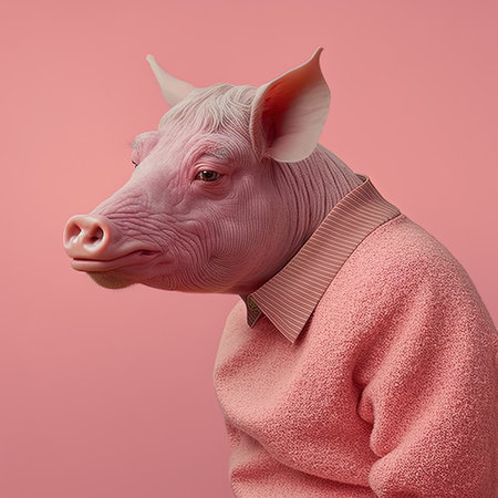Fashion boar pig in suit. Pink monochrome portrait. Pop art modern style and lifestyle concept. Contemporary art, creative idea. Generative AIの写真素材